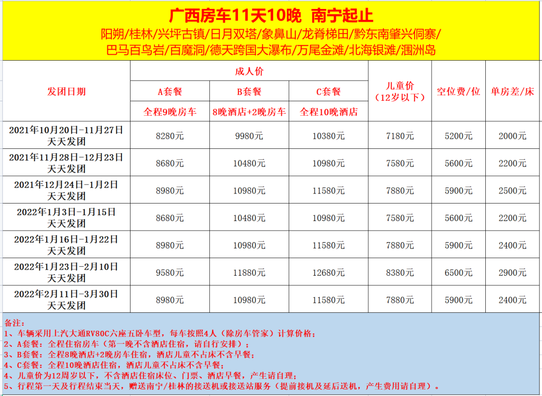 【房车旅行●广西全境11日游】南宁起止，桂林阳朔、龙脊梯田、贵州肇兴侗寨、巴马长寿乡、德天跨国大瀑布、万尾金滩、北海银滩、涠洲岛